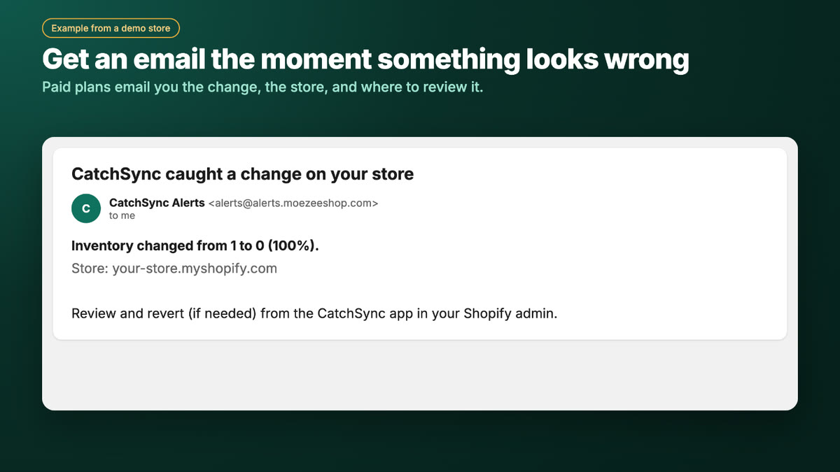 Alert email: CatchSync caught a change on your store