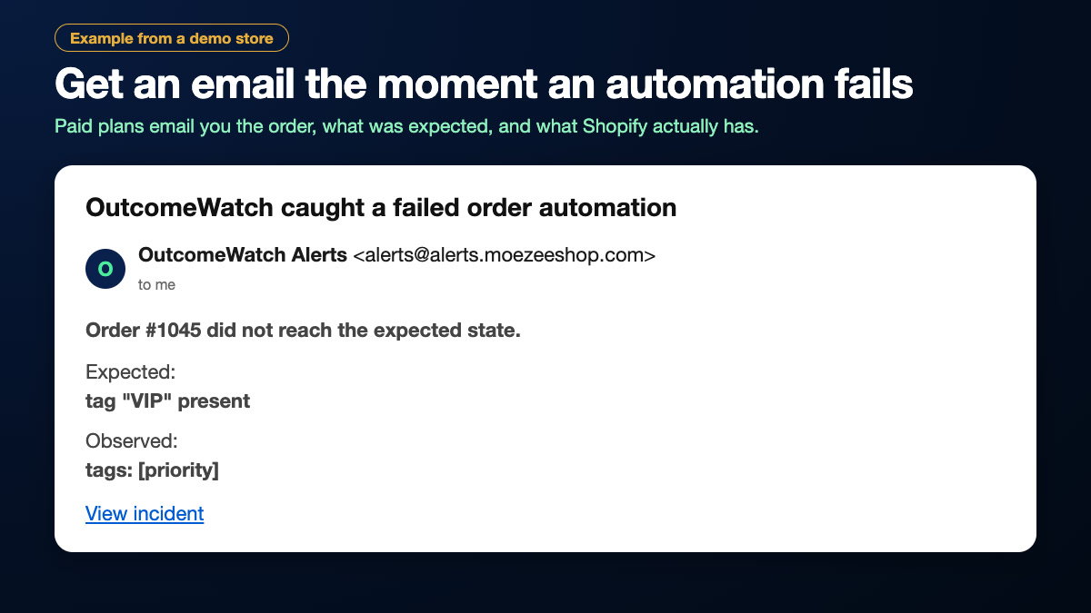 Alert email: OutcomeWatch caught a failed order automation