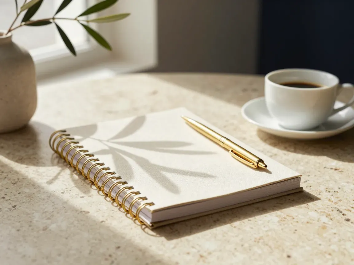 Cream spiral planner with a gold pen and coffee on a sunlit marble surface