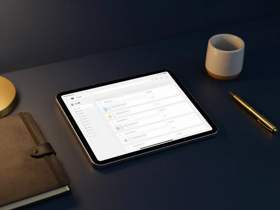 Tablet showing a project dashboard on a navy desk beside a notebook and brass pen
