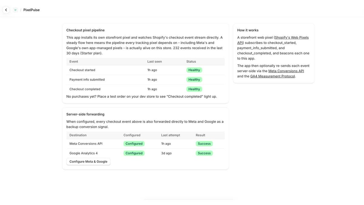 PixelPulse dashboard showing checkout events and Meta/GA4 forwarding status