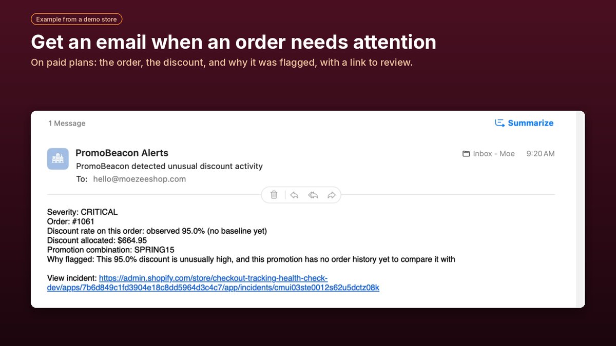 Email alert sent when an order needs attention